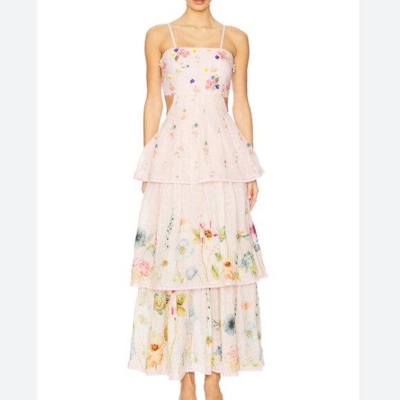 NWT LA FUORI Garden Gala Tier Dress in Pink Multi Floral size small - Picture 1 of 9